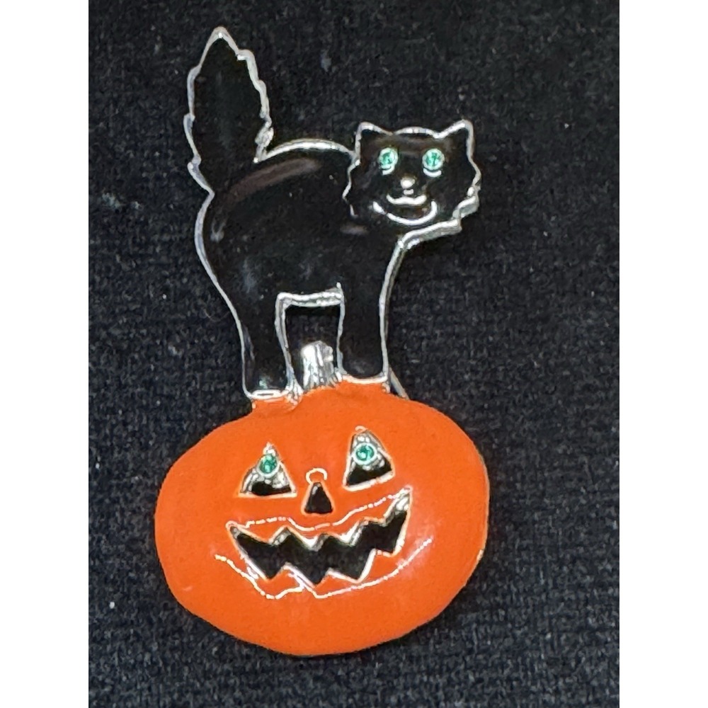 Vintage Halloween Black Cat Pumpkin Brooch Enamel Rhinestone Jack O Lantern
